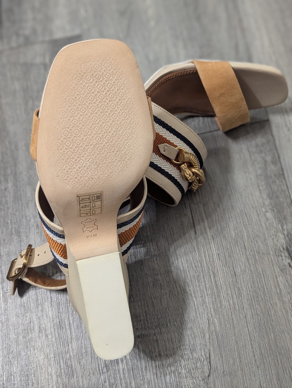 Tory Burch Cream, Navy & Tan Equestrian Chain-Accent Block Heel Sandals NWOT - Picture 7 of 8